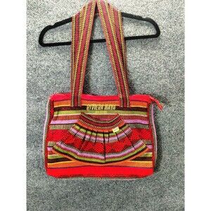 Riviera Maya Mexico Bright Multicolor Woven Zip Straps Tote Bag Purse Souvenir